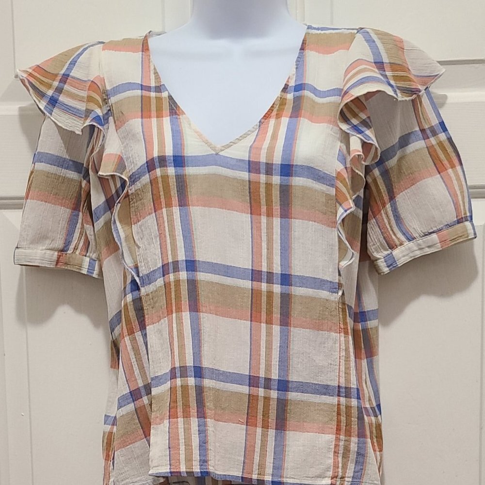 Madewell Plaid Short Sleeve V Neck Lightweight Shoulder Ruffle Top Small - Picture 3 of 7